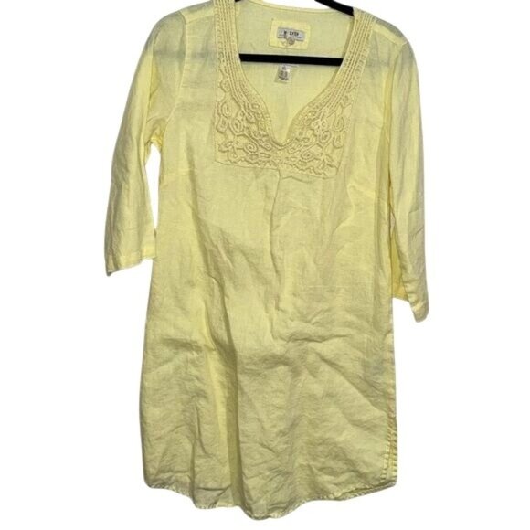 Yellow Linen Tunic Dress With Crochet Neck Detail By Malvin Size XL - Picture 1 of 8